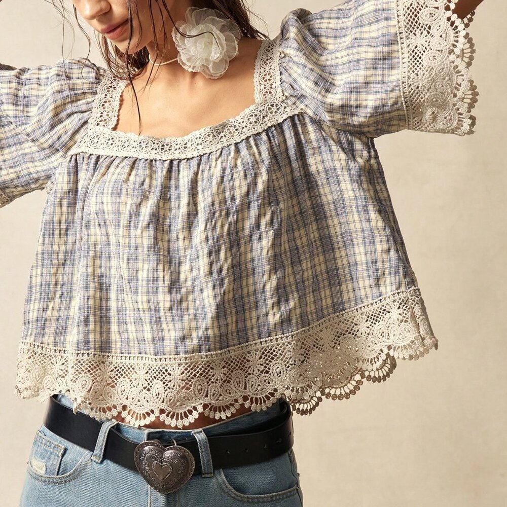 Multicolor Cute Women's Woven Plaid Square Collar Loose Short Sleeve Blouse